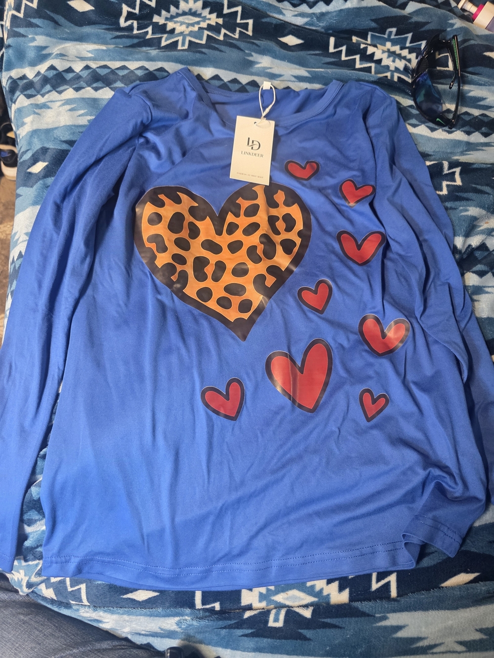 Blue Long-Sleeve Women's Heart Print Blouse by SD Collection